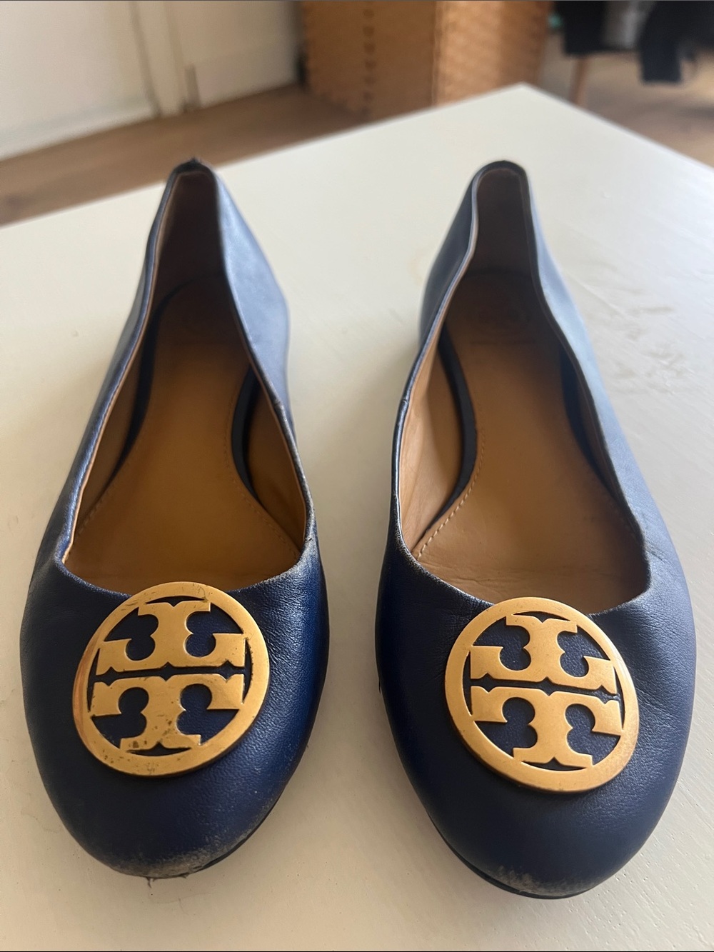 Tory Burch Navy Leather Logo Ballet Flats with Gold Emblem - Picture 2 of 6